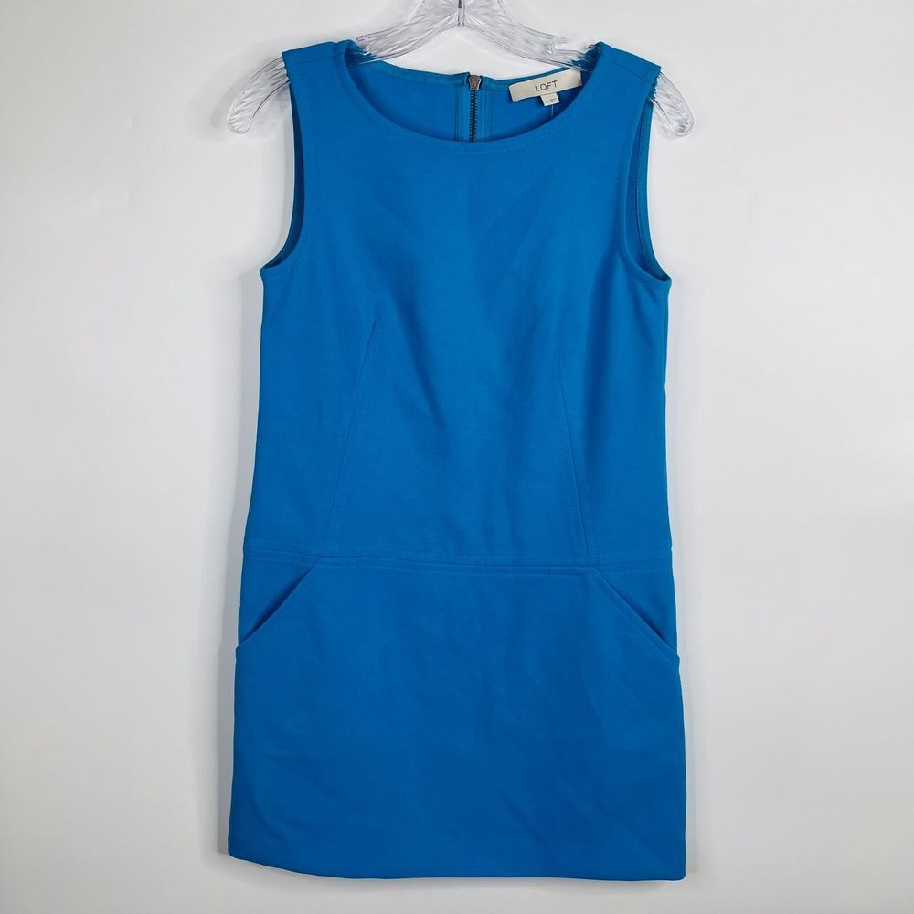 Ann Taylor LOFT Womens Shift Dress Size 0 Sold Blue with Pockets Wear to Work Bu